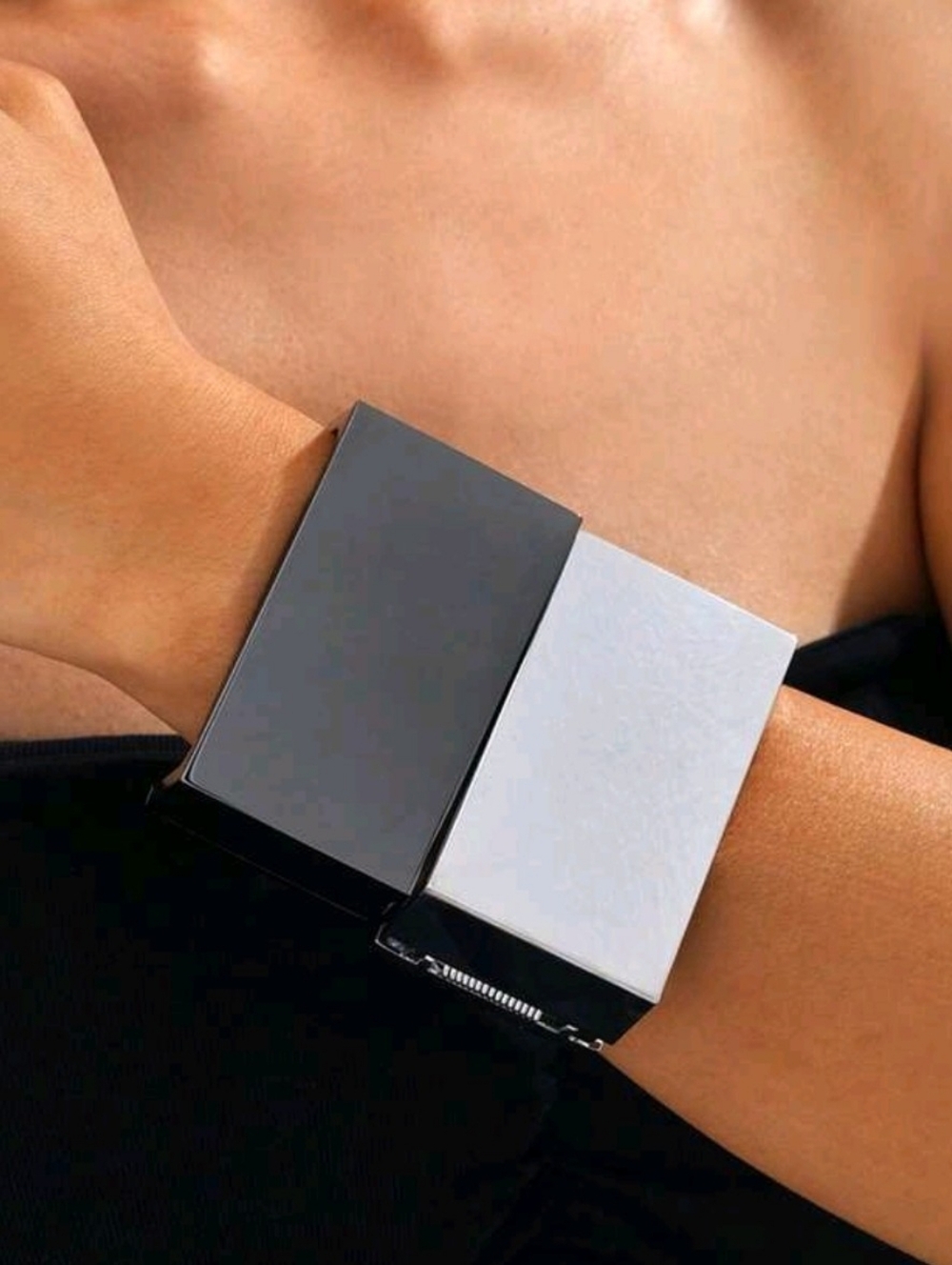 Chunky Rectangular Metal Hinge Cuff Bracelet SET- Silver & Gunmetal